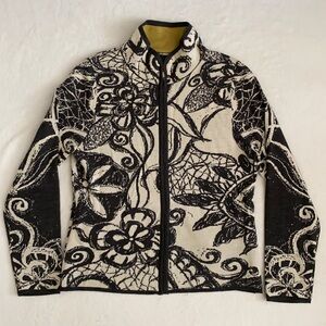 Icelandic Design | Dark Floral Art Zip Wool Blend Cardigan Mock Neck Sweater PL